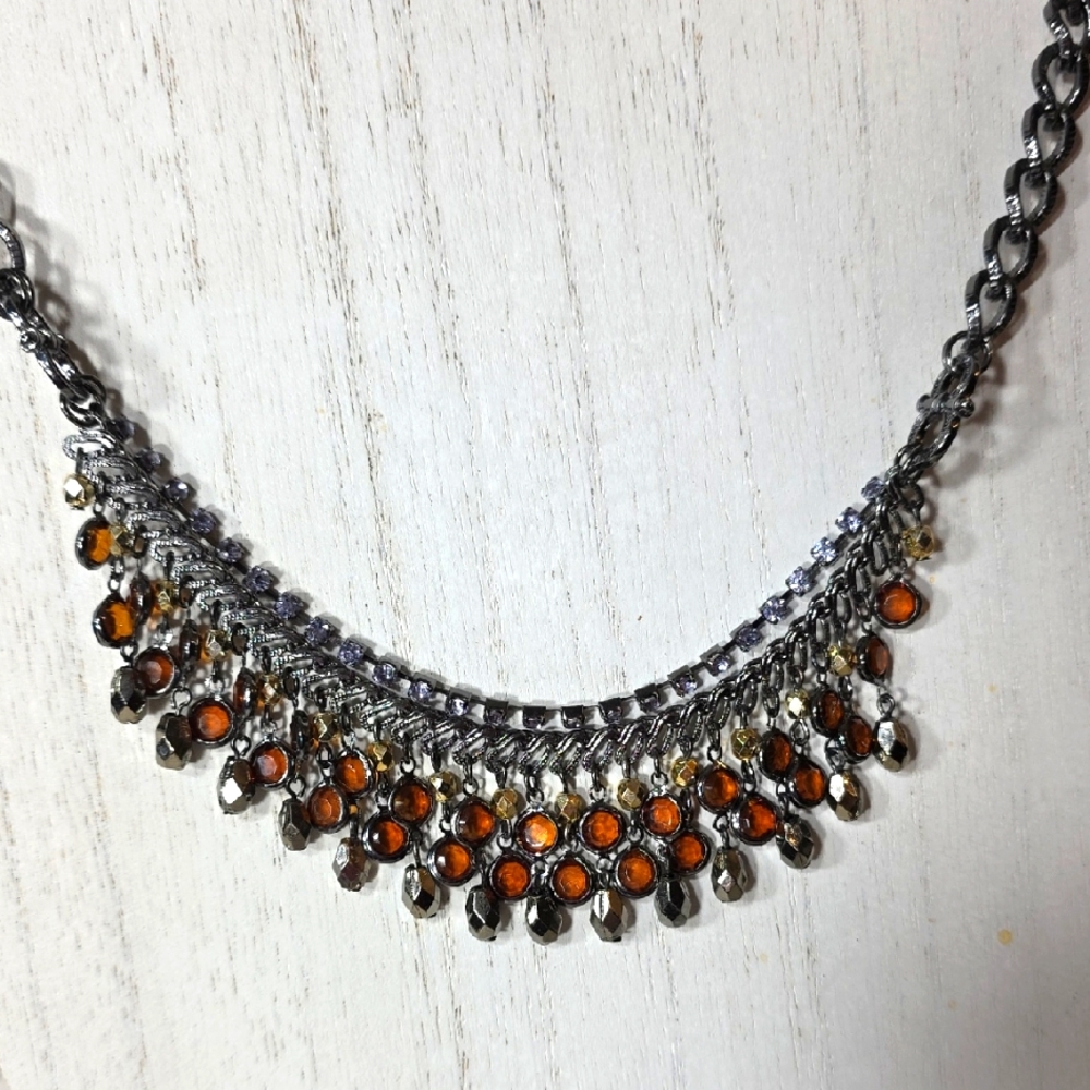C2028 Stylish Gunmetal Multichain Beaded W/bling Necklace